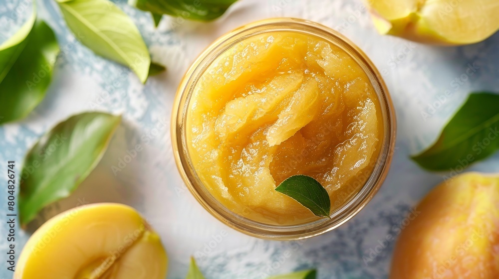 Overhead capture of sumptuous quince paste, focusing on its fresh, natural appeal, set against a clean, light background for advertising Overhead capture of sumptuous quince paste, focusing on its fresh, natural appeal, set against a clean, light background for advertising