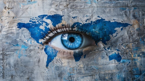 World map with human eye in the center photo