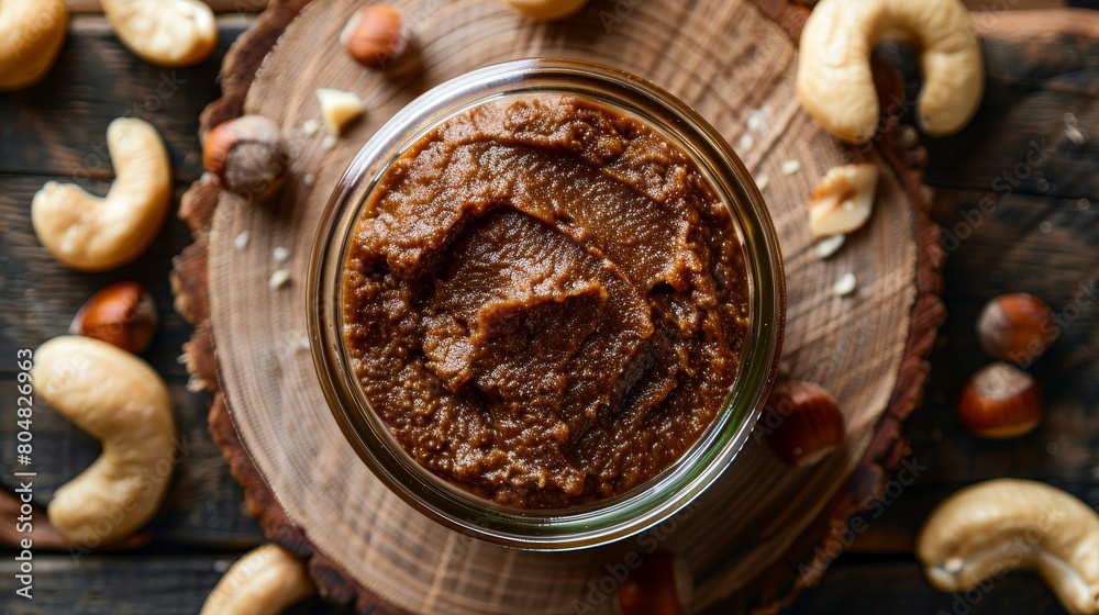 Luxurious nut paste in a transparent jar, viewed from above, with cashew nuts and wooden accents for a natural feel. High contrast, isolated setup Luxurious nut paste in a transparent jar, viewed from above, with cashew nuts and wooden accents for a natural feel. High contrast, isolated setup