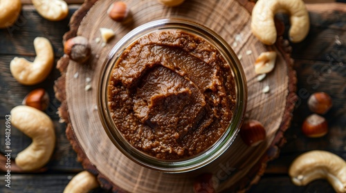 Luxurious nut paste in a transparent jar, viewed from above, with cashew nuts and wooden accents for a natural feel. High contrast, isolated setup