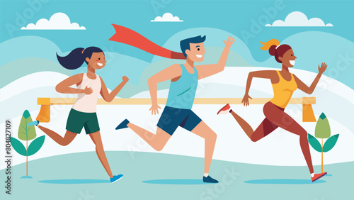 As the finish line approaches the runners push through their fatigue and cross the finish line basking in the exhilarating feeling of accomplishment. Vector illustration