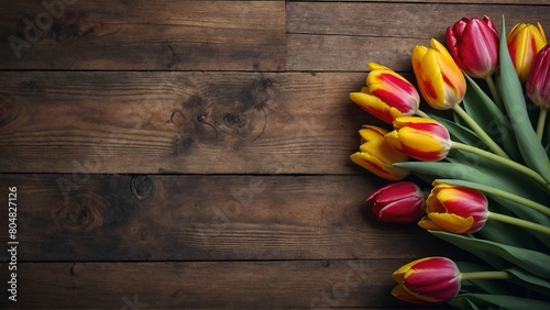 Beautiful tulips on wooden background #804827126