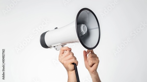 hand hold megaphone, isolated white background