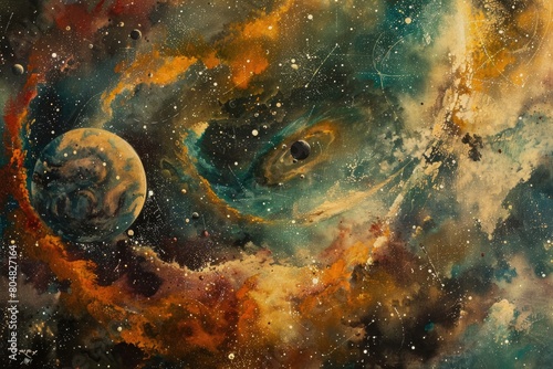 The depths of space  surrounded by a galaxy of swirling stars and nebulae.