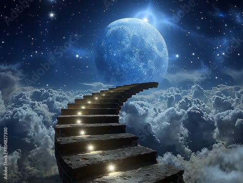 Fantastical Night Sky with Illuminated Staircase Leading to a Glowing Moon Amidst Clouds