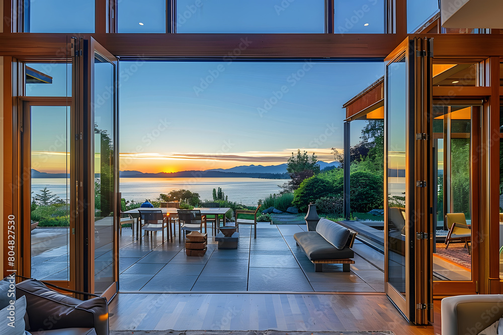 Fototapeta premium Modern contemporary illuminated house design exterior. Luxurious new construction home with panoramic windows, pool, patio