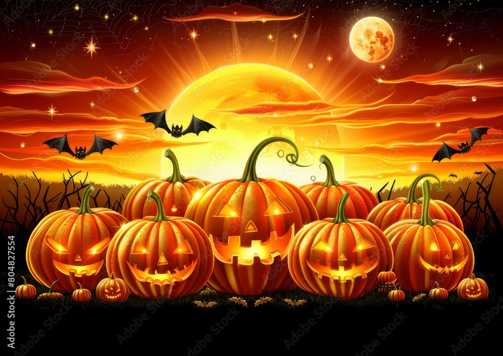 Halloween themed landscape featuring multiple carved pumpkins under an orange sky with bats and a full moon