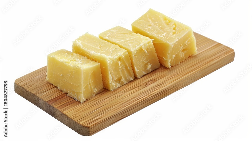 High-definition aerial shot of rich, textured butter slices on a bamboo board, isolated for clean advertising visuals.