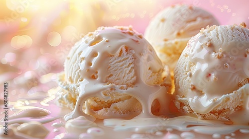 Close-up image of creamy ice cream slowly melting in the soft pastel light of the sun. Generative AI