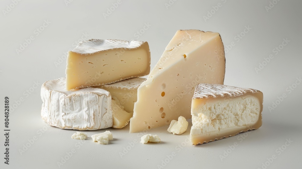 Freshly cut pieces of Camembert and other cow's milk cheeses artistically arranged on a sleek, isolated background for premium ads.