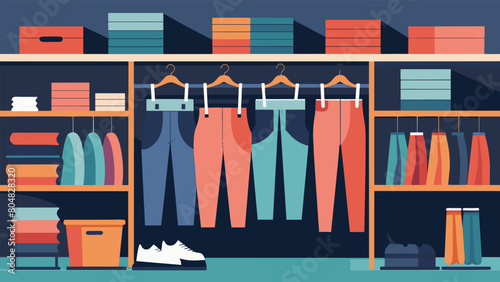 Cozy sweatpants and leggings in a variety of lengths and fabrics line the racks of this sportswear store.. Vector illustration photo