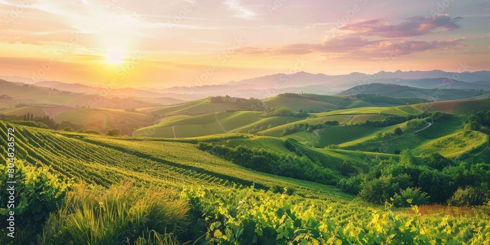 Obraz premium A beautiful sunset over rolling green hills of Tuscany, Italy. AIG51A.