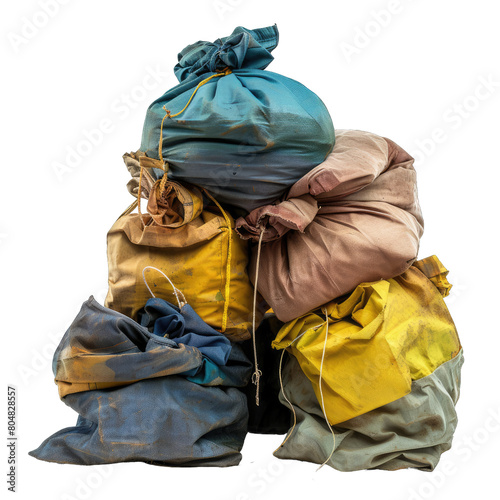 Pile of used sack bags isolated on transparent background