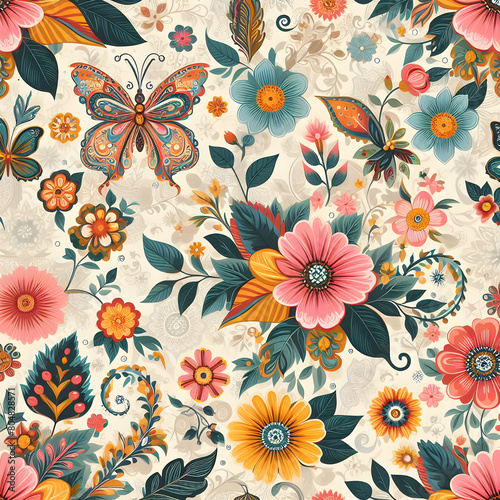 seamless pattern with flowers illustration  spring  summer  vintage  art  textile Ai generated 