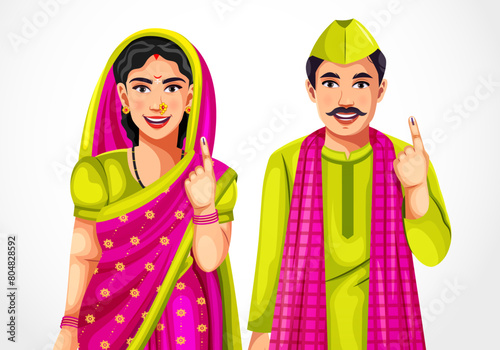 A happy Indian village couple showing their ink-marked fingers after voting. A village woman in a printed Saree and a man in a kurta pajama posing