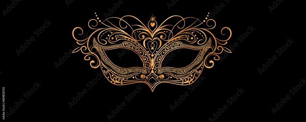 Obraz premium A golden eye mask for masquerade party festival isolated on black background with floral pattern art. 