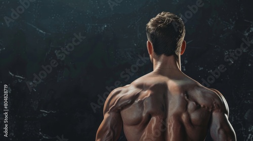 A muscular man with his back turned to the camera, showing off his well-developed muscles. photo