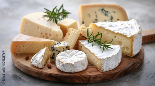 Elegant display of Camembert and other fresh cheese pieces on a wooden cutting board, ideal for showcasing dairy delights in advertisements.