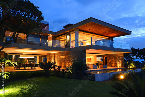 Modern contemporary illuminated house design exterior. Luxurious new construction home with panoramic windows, pool, patio