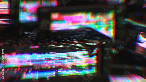 An overlay of VHS noise and glitch effect on black background, scratches and video damage of burnt film strip or hacked pc. photo