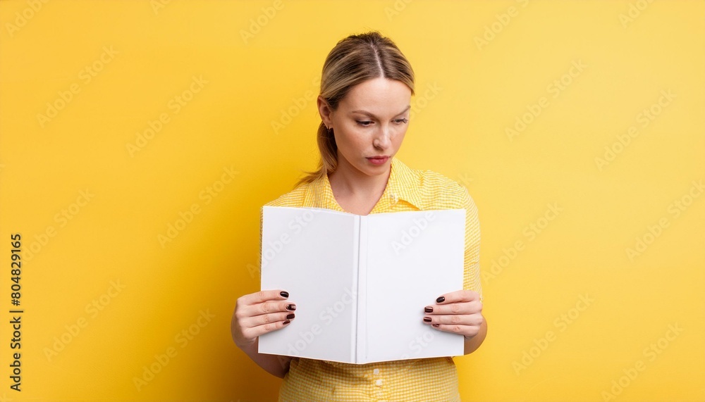Young woman reading white magazine. Blank cover mockup. Studio shot on yellow background. Copy space Young woman reading white magazine. Blank cover mockup. Studio shot on yellow background. Copy space