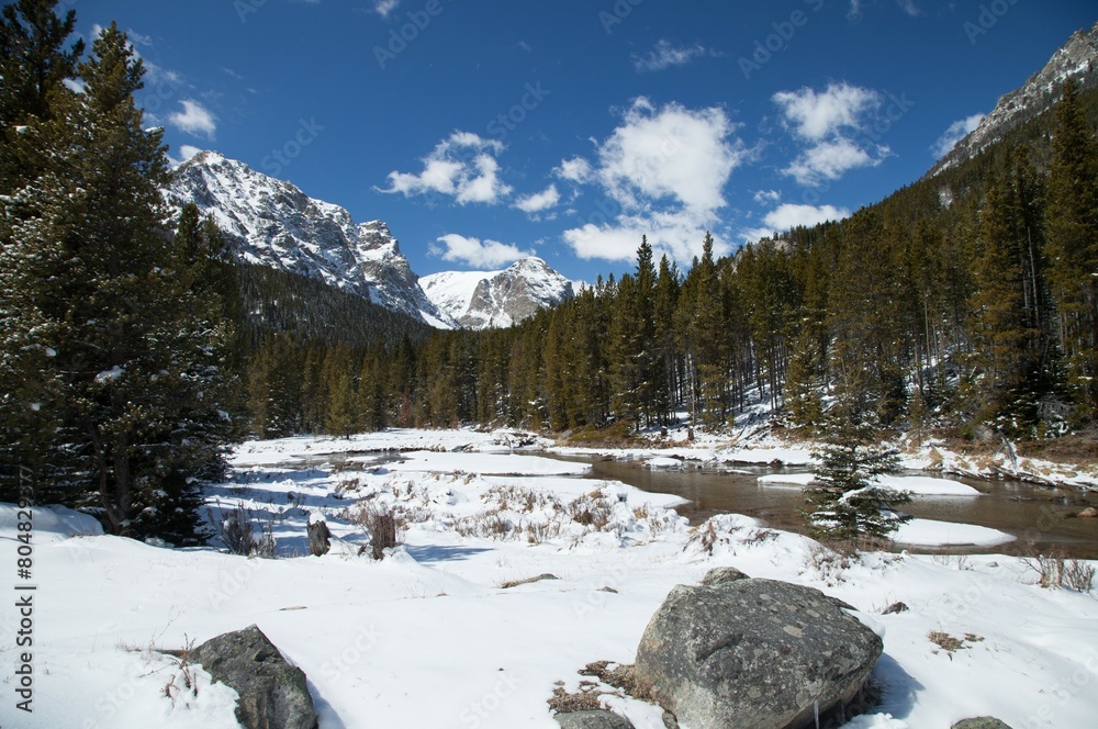 Lake Fork Creek with fresh spring snow in Beartooth Mountains, Montana Lake Fork Creek with fresh spring snow in Beartooth Mountains, Montana