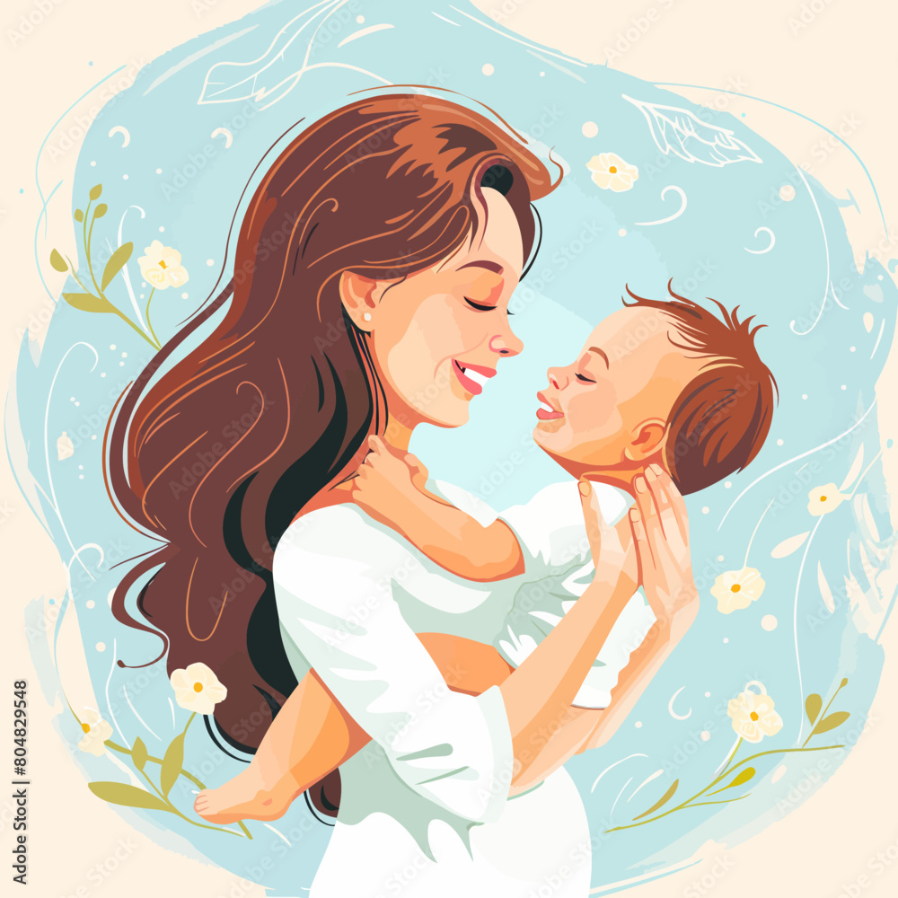 Vector Illustration Of Mother Holding Baby In Arms. Happy Mother`s Day Greeting Card