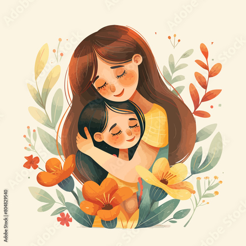 Vector Illustration Of Mother Holding Baby In Arms. Happy Mother`s Day Greeting Card