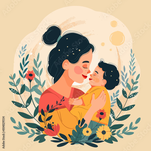 Vector Illustration Of Mother Holding Baby In Arms. Happy Mother`s Day Greeting Card photo
