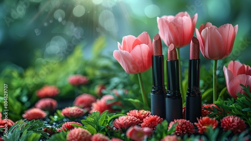 Spring freshness makeup blooming garden background fresh start text photo