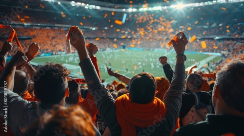 A crowd of people are cheering at a sports stadium.