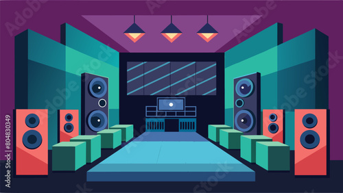 Visitors could demo highend speakers and amplifiers in a soundproof room allowing for a truly immersive listening experience. Vector illustration
