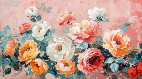 Vibrant Spring blooms dance against a backdrop of soft pink embodying a summery floral vibe