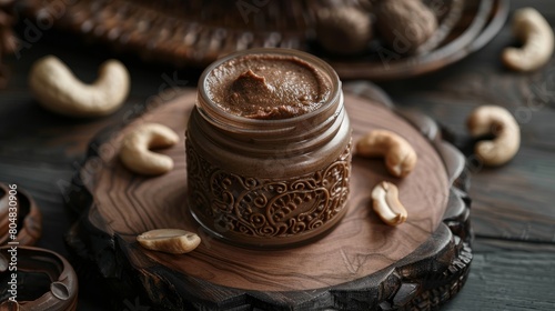 Close-up top view of a nut paste jar with whole cashews, presented on a carved wooden platter. Tailored for luxury advertising. Isolated background, dramatic lighting