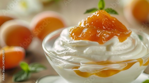 Close-up studio shot of indulgent yogurt with apricot jam, focusing on the creamy texture and vibrant jam color, ideal for print and digital advertising