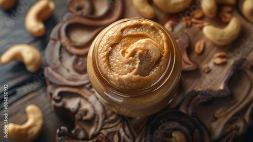 Close-up top view of a nut paste jar with whole cashews, presented on a carved wooden platter. Tailored for luxury advertising. Isolated background, dramatic lighting