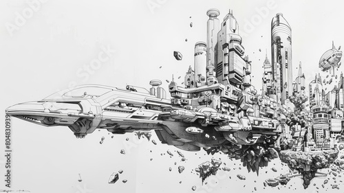 A black and white sketch of a futuristic cityscape where buildings and vehicles are all made of salt and pepper shakers photo