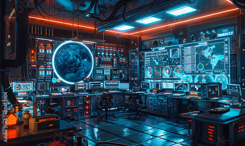 Science lab filled with futuristic equipment and glowing data screens