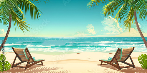 Beautiful tropical beach with white sand and two sun loungers beach scene with two chairs and palm trees on the beach Beach chairs on tropical beach Tropical Paradise Getaway