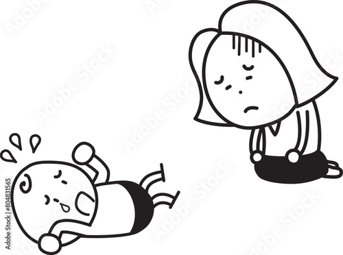 泣き叫ぶ子供を前に悲しい顔をする母親、女性
