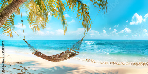 Island Oasis Summer Travel Background with a Hammock Swing chair or hammock on beautiful empty beach on sunset and sea view Summer vacation Summer Vacation At The Beach photo