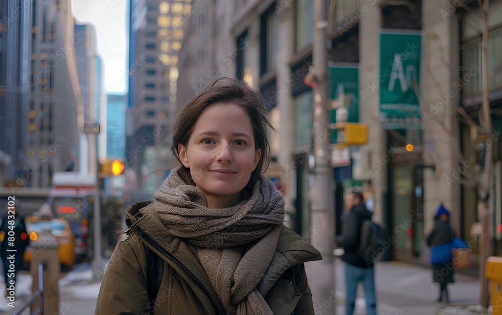 A beautiful businesswoman stands on the street of financial district, smiling at the camera, wearing a warm jacket and scarf. atmosphere of busy city life. lively urban vibe. generative AI A beautiful businesswoman stands on the street of financial district, smiling at the camera, wearing a warm jacket and scarf. atmosphere of busy city life. lively urban vibe. generative AI