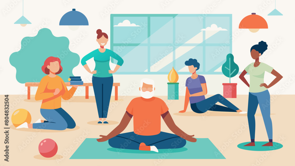 In a cozy community center individuals with chronic pain or illnesses attend a lowimpact fitness class with the instructor providing gentle and. Vector illustration