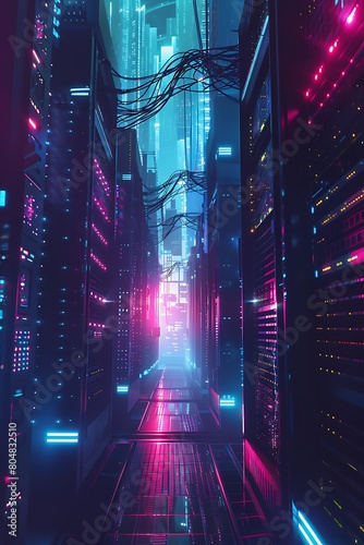 Storage servers glowing with data  nestled in a futuristic facility