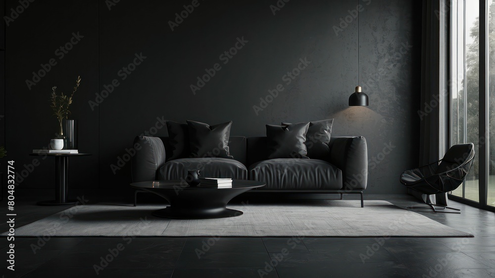 Fototapeta premium A sleek and modern living room with dark tones and luxury accents