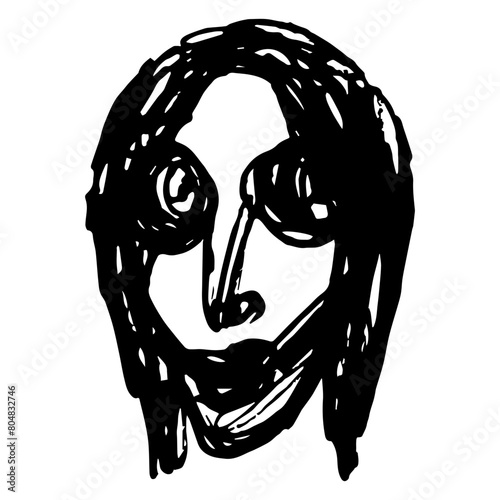 Spooky human face. Hand drawn linear doodle rough sketch. Black and white silhouette. Head of a mysterious smiling woman.