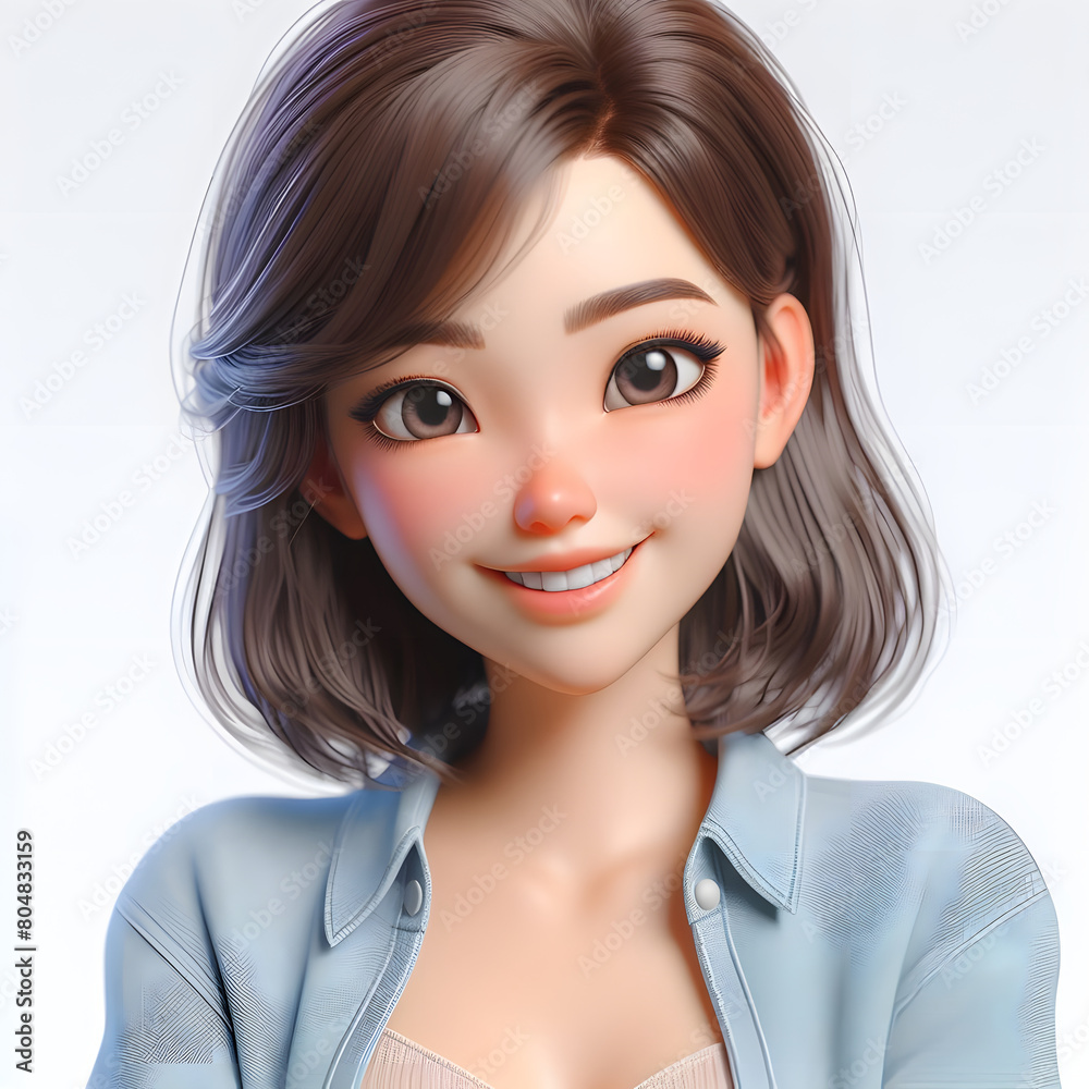Happy Asian cartoon character girl, young woman portrait, female, happy mood, feeling expression concept, beautiful eyes, 3d style, isolated on a white background Happy Asian cartoon character girl, young woman portrait, female, happy mood, feeling expression concept, beautiful eyes, 3d style, isolated on a white background
