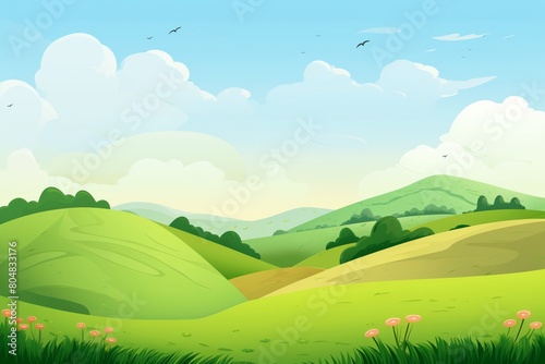 Cartoon illustration of a sunny  idyllic countryside landscape with rolling green hills  fluffy clouds  and a clear sky.