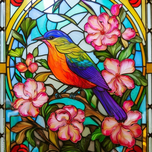 colorful stained glass windows, bird among flowers, bright colors © Beste stock