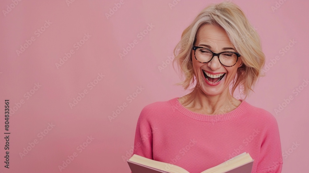A beautiful middle-aged white woman wearing glasses is laughing while reading a book, isolated on pastel background A beautiful middle-aged white woman wearing glasses is laughing while reading a book, isolated on pastel background